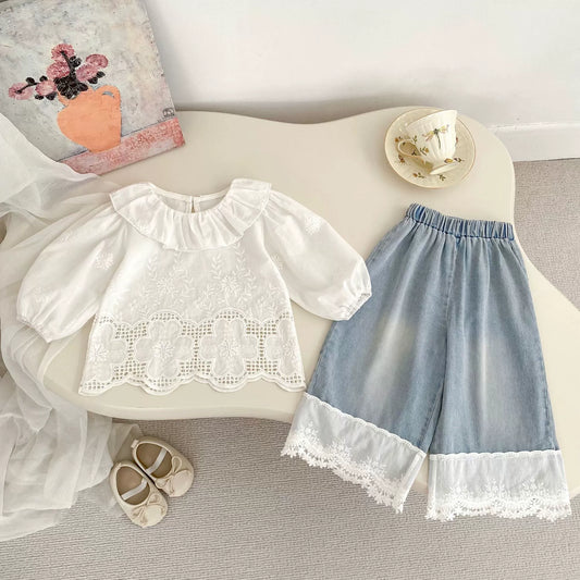 Spring and Autumn Kids Girls Flowers Embroidered Pattern Long Sleeves Hollow-out Top and Denim Pants Clothing Set, MyKids-USA®, Baby & Toddler Outfits, MyKids-USA -  -  -  -  -  -  - .