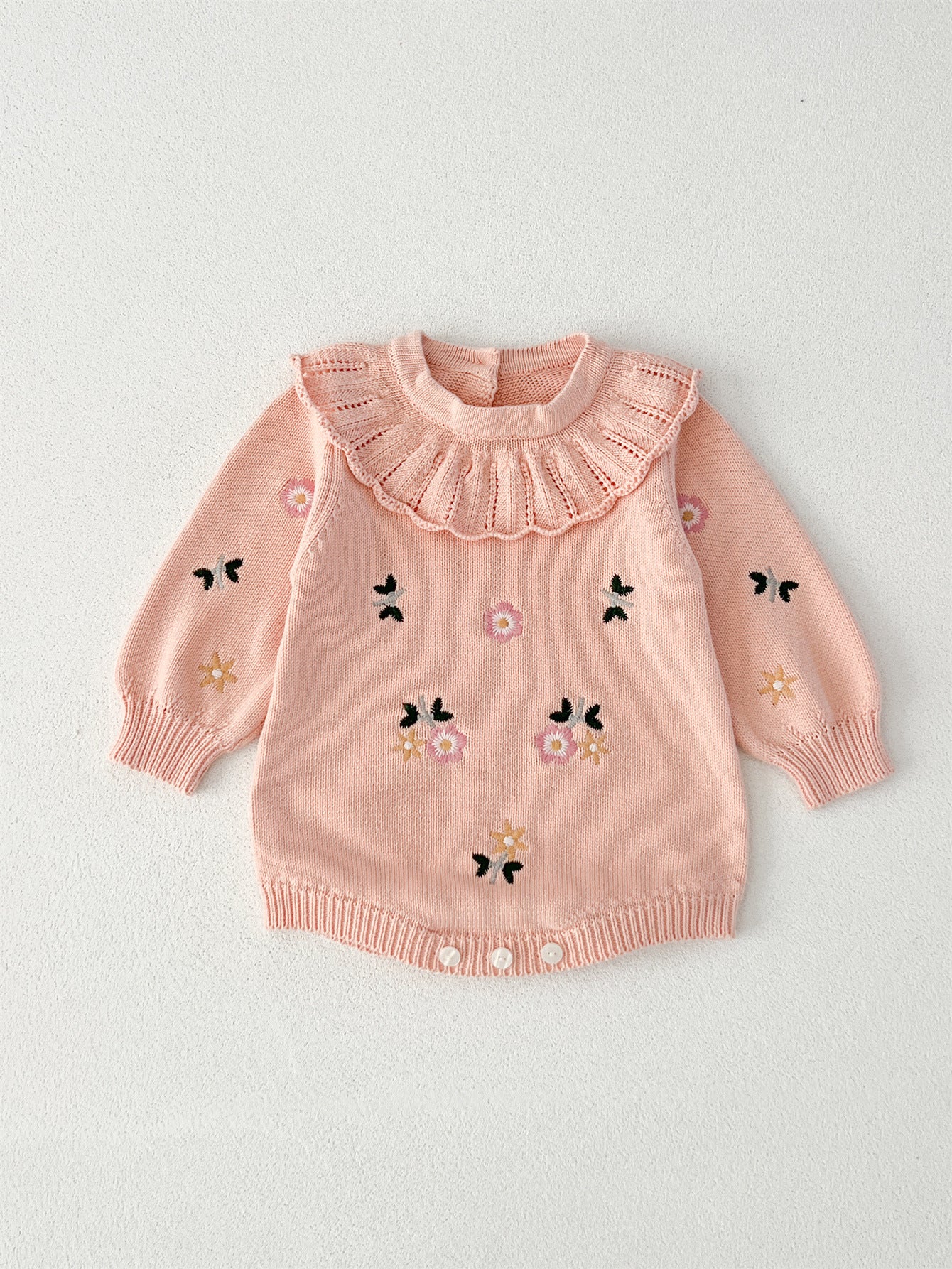 Autumn Arrival Baby Girls Flowers and Butterfly Embroidery Pattern Long Sleeves Onesies with Collar, MyKids-USA®, Baby One-Pieces, MyKids-USA - Size/Age - 66 (3-6M) - Color - Pink -  -  - TR2408151049-A