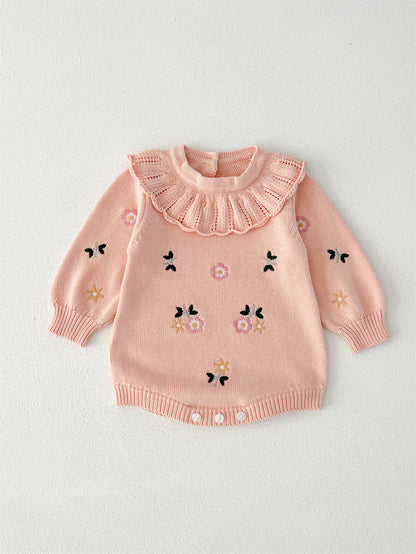 Autumn Arrival Baby Girls Flowers and Butterfly Embroidery Pattern Long Sleeves Onesies with Collar, MyKids-USA®, Baby One-Pieces, MyKids-USA - Size/Age - 66 (3-6M) - Color - Pink -  -  - TR2408151049-A