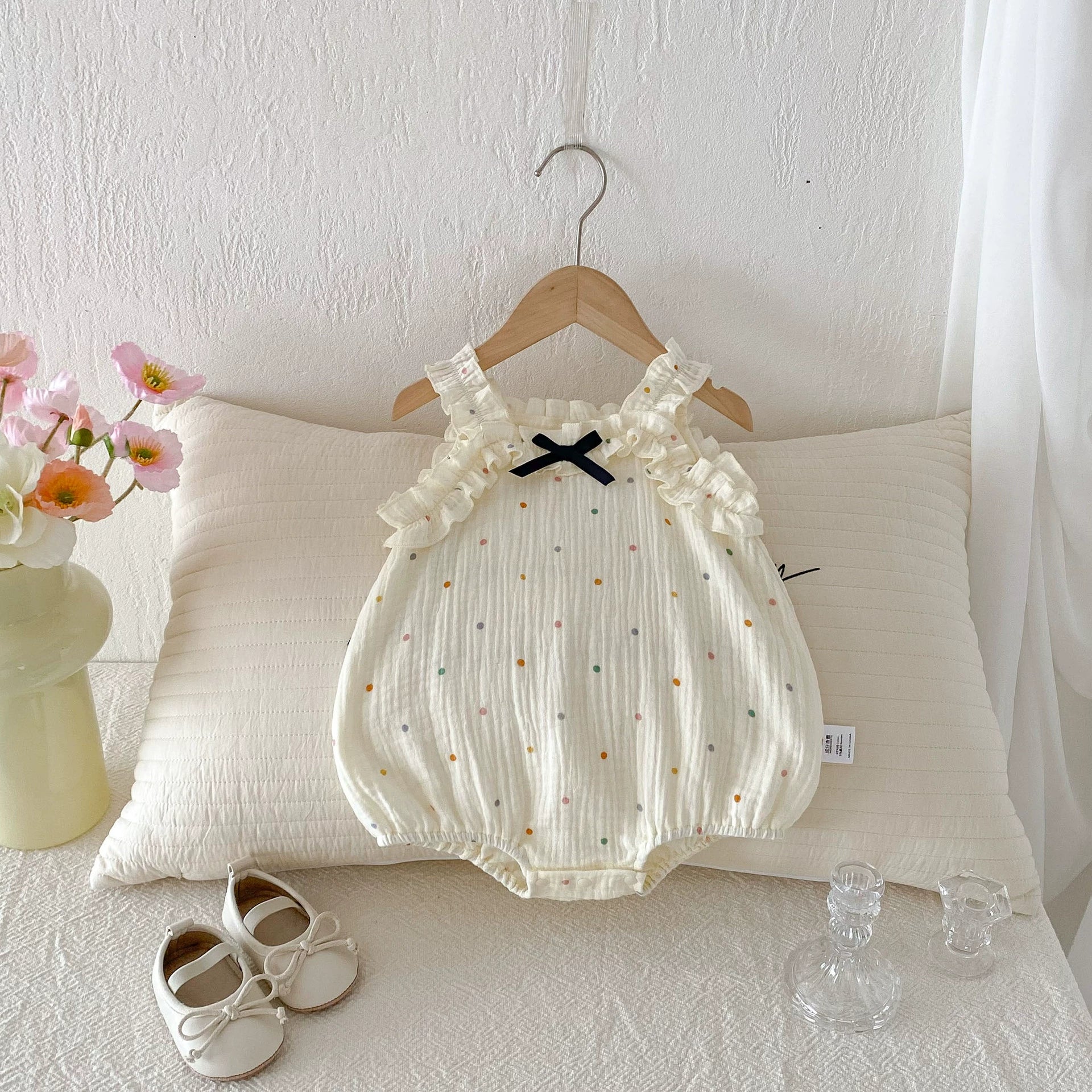 Summer Arrival Baby Girls Sleeveless Butterfly-bow Decorated Onesies with Cherry Pattern, MyKids-USA®, Baby One-Pieces, MyKids-USA - Size/Age - 66 (3-6M) - Color - Beige -  -  - TR2506192034-A