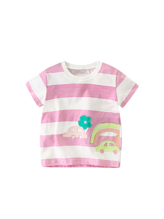Girls’ Striped Rainbow Cartoon Pattern Short Sleeves T-Shirt In European And American Style For Summer