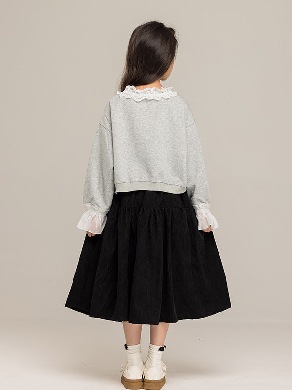 Arrival Autumn Kids Girls Long Sleeves Letters Pattern Lace Trim Top and Black Skirt Sets