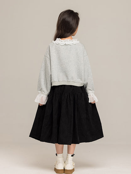 Arrival Autumn Kids Girls Long Sleeves Letters Pattern Lace Trim Top and Black Skirt Sets