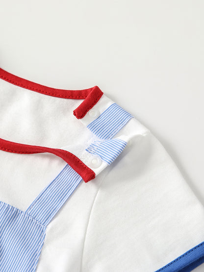 Summer Arrival Baby Boys Short Sleeves Cartoon Pattern Color Patchwork Rompers Bodysuits