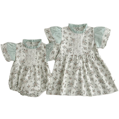 Summer Girls Vine Pattern Ruffle Neck Onesies And Girls’ Dress – Princess Sister Matching Set