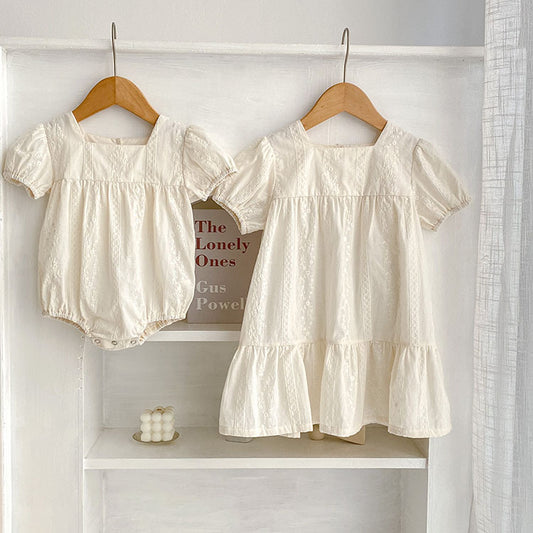 Summer Girls Solid Color Simple Embroidery Square Neck Onesies And Dress – Princess Sister Matching Set