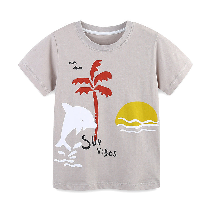 Summer Boys’ Sunset and Dolphin Cartoon Pattern T-shirt in European and American Style, MyKids-USA®, T-Shirts, MyKids-USA - Size/Age - 90 (12-24M) - Color - Grey -  -  - TR2506242224-A