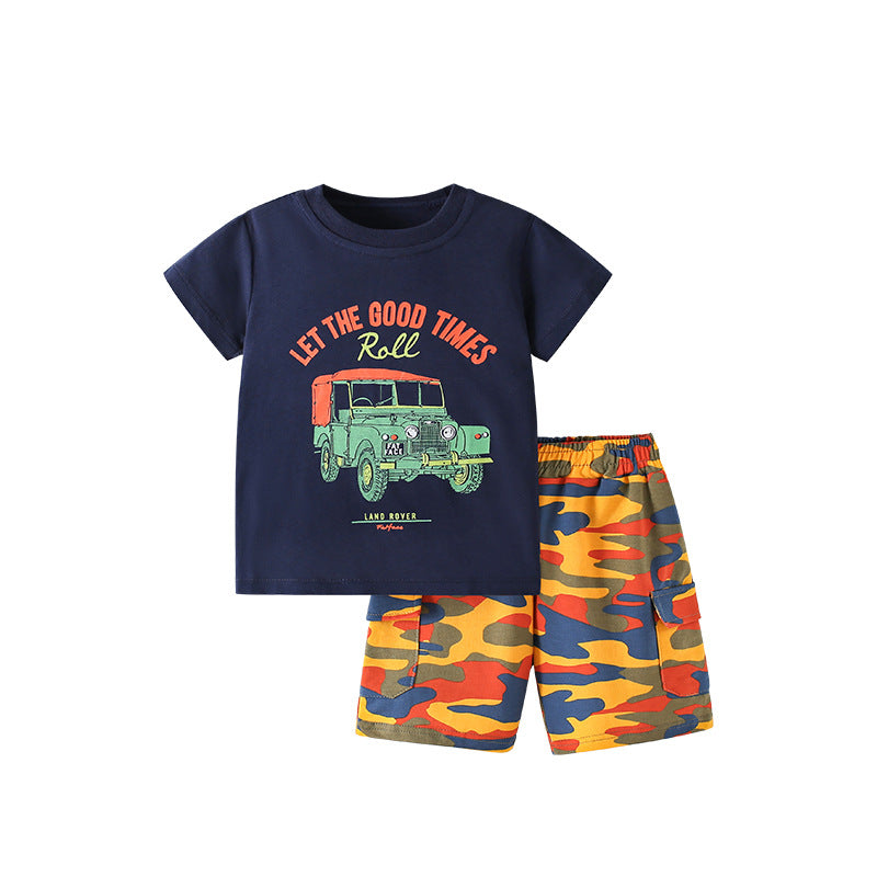 Summer Baby Kids Casual Cartoon and Letters Pattern T-shirt and Shorts Clothing Set for Boys, MyKids-USA®, Baby & Toddler Outfits, MyKids-USA - Size/Age - 100 (2-3Y) - Color - Blue -  -  - TR2505152359-A