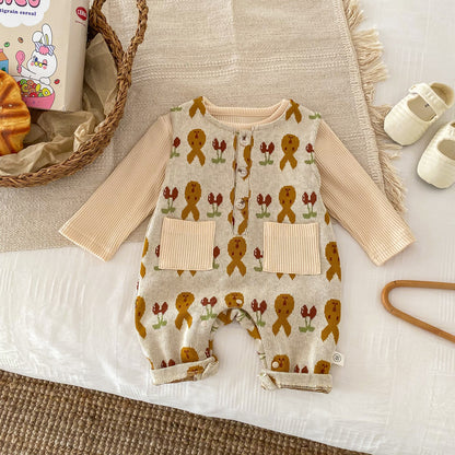 Baby Unisex Animals Cartoon Pattern/Argyle Cute Romper And Solid Color Pullover  Set
