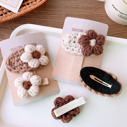 Adorable Handcrafted Knitted Hair Accessories For Children And Teens: Beige Floral Hair Clip And Plush Hairband