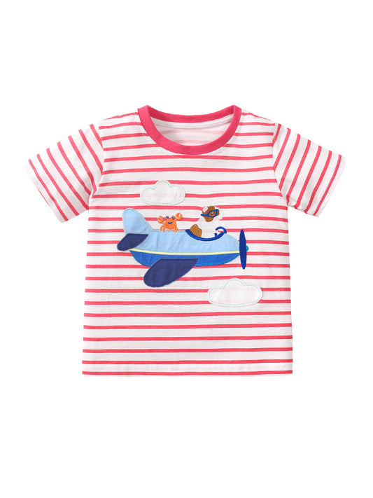 Crew Neck Flying Jet Cartoon Girls’ Striped T-Shirt In European And American Style For Summer