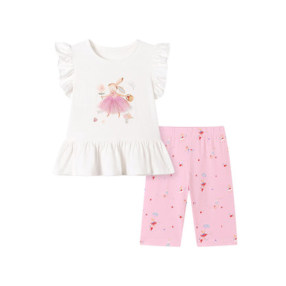 Summer Hot Selling Baby Kids Girls Fly Sleeves Cartoon Pattern T-shirt and Pants Clothing Set