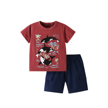Summer Baby Kids Casual Marine Animals Pattern T-shirt and Shorts Clothing Set for Boys, MyKids-USA®, Baby & Toddler Outfits, MyKids-USA - Size/Age - 100 (2-3Y) - Color - Red -  -  - TR2505202255-A