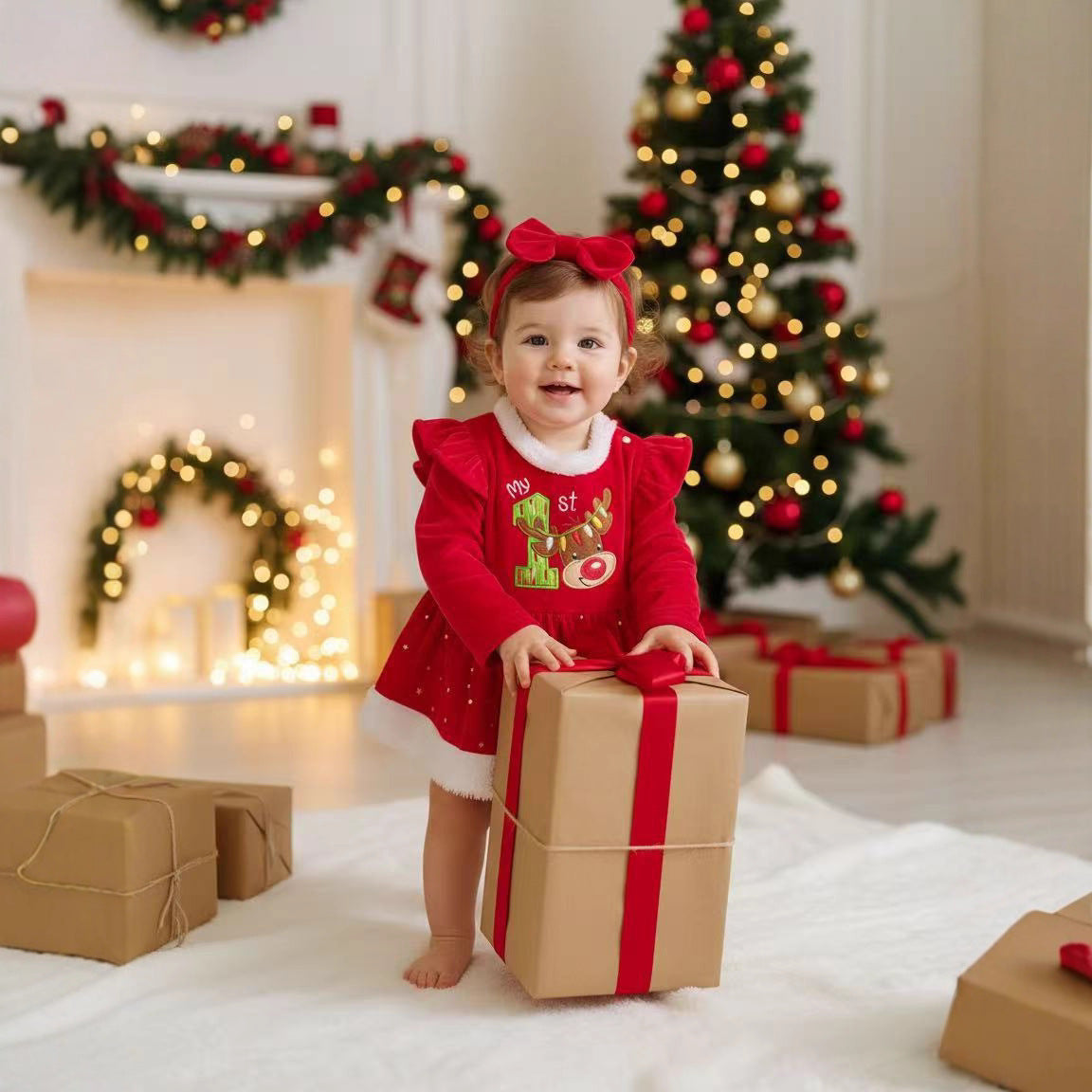 Christmas Arrival Baby Girls Long Sleeves Red Cartoon Fluffy Bodysuit, MyKids-USA®, Baby One-Pieces, MyKids-USA -  -  -  -  -  -  - .