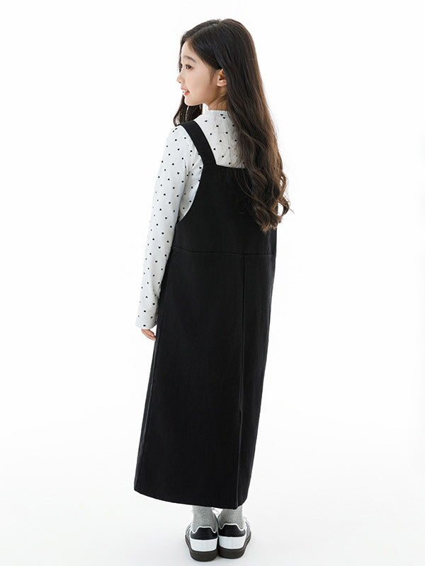 Arrival Autumn Kids Girls Long Sleeves Dots Pattern Top and Black Overalls Clothing Set