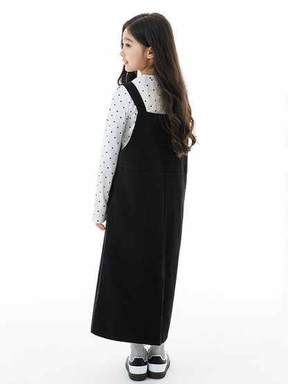 Arrival Autumn Kids Girls Long Sleeves Dots Pattern Top and Black Overalls Clothing Set