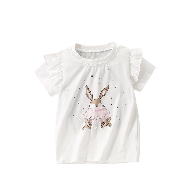 Summer Girls’ Rabbit and Stars Pattern T-shirt in European and American Style, MyKids-USA®, Baby & Toddler Tops, MyKids-USA - Size/Age - 100 (2-3Y) - Color - White -  -  - TR2505302047-A