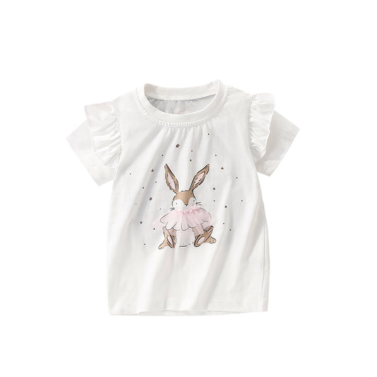 Summer Girls’ Rabbit and Stars Pattern T-shirt in European and American Style, MyKids-USA®, Baby & Toddler Tops, MyKids-USA - Size/Age - 100 (2-3Y) - Color - White -  -  - TR2505302047-A