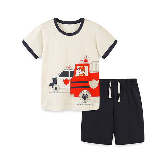 Summer Baby Kids Boys Emergency Cars Cartoon Pattern T-Shirt And Solid Color Shorts Clothing Set