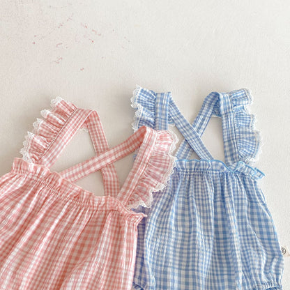 Summer Arrival Baby Girls Sleeveless Plaid Pattern Strap Bodysuit, MyKids-USA®, Baby One-Pieces, MyKids-USA -  -  -  -  -  -  - .