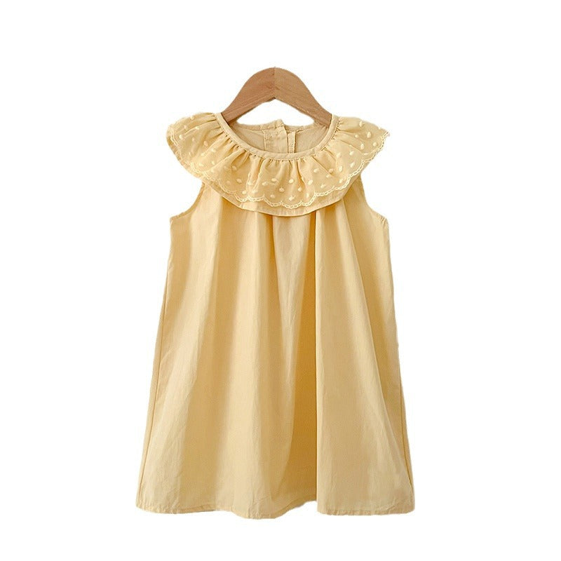 Summer Girls Solid Color Sleeveless Big Collar Onesies And Girls’ Dress – Princess Sister Matching Set