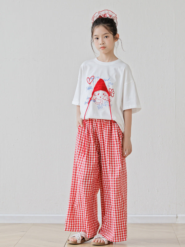 Arrival Summer Baby Kids Girls Short Sleeves Cartoon Pattern T-Shirt and Plaid Pants Sets
