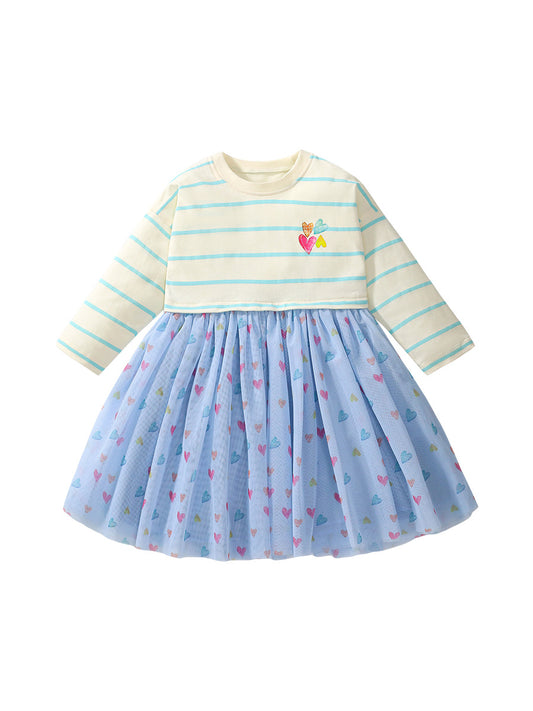 Arrival Autumn Girls Heart Print Crew Neck Long Sleeves Tulle Patchwork Princess Striped Dress, MyKids-USA®, Baby & Toddler Dresses, MyKids-USA - Size/Age - 90 (12-24M) - Color - Blue -  -  - TR2407131642-A