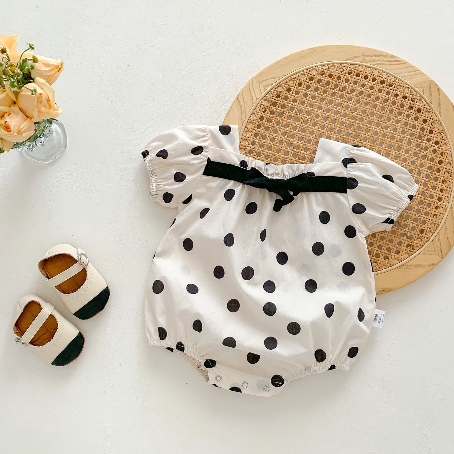 Summer Hot Selling Baby Girls Short Sleeves Square Neck Rabbits/Polka Dots Print Onesie, MyKids-USA®, Baby One-Pieces, MyKids-USA - Size/Age - 66 (3-6M) - Color - Black -  -  - TR2404111521-B