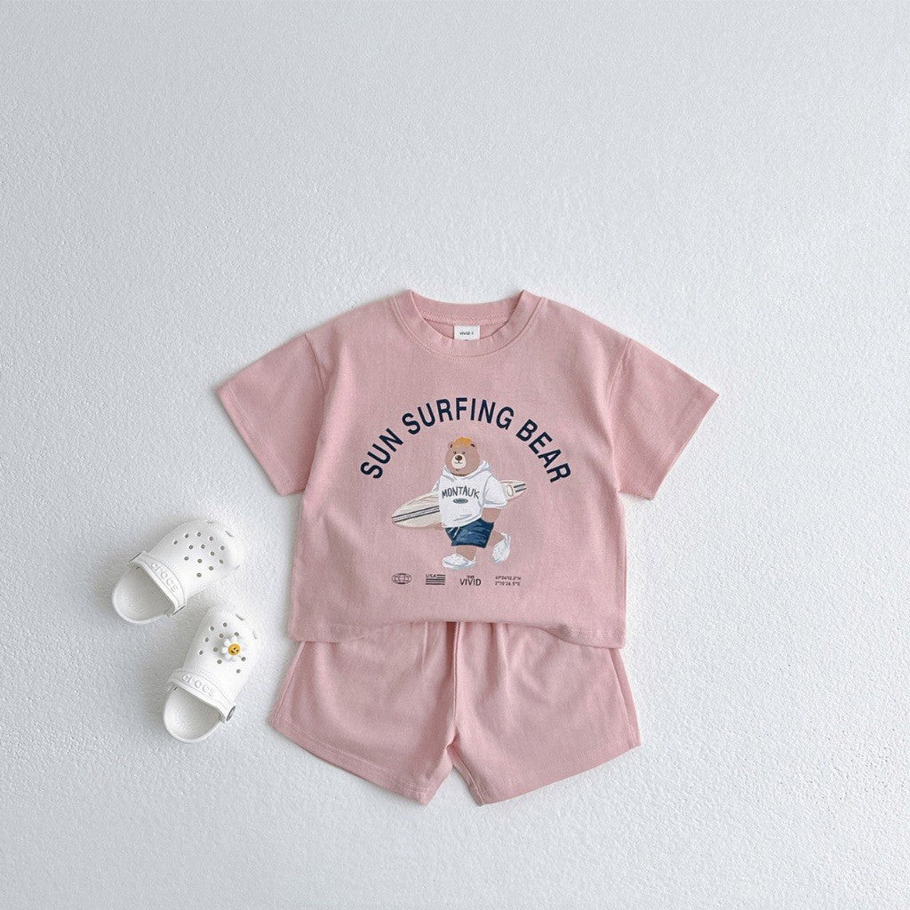 Summer Baby Kids Unisex Casual Letters and Teddy Bear Pattern Short Sleeves Top Shirt and Shorts Clothing Set, MyKids-USA®, Baby & Toddler Outfits, MyKids-USA - Size/Age - 66 (3-6M) - Color - Pink -  -  - TR2505241637-C