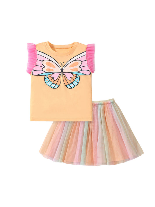 New Arrival Summer Baby Kids Girls Butterfly Design Lace Sleeves Top And Pleated Skirt Clothing Set