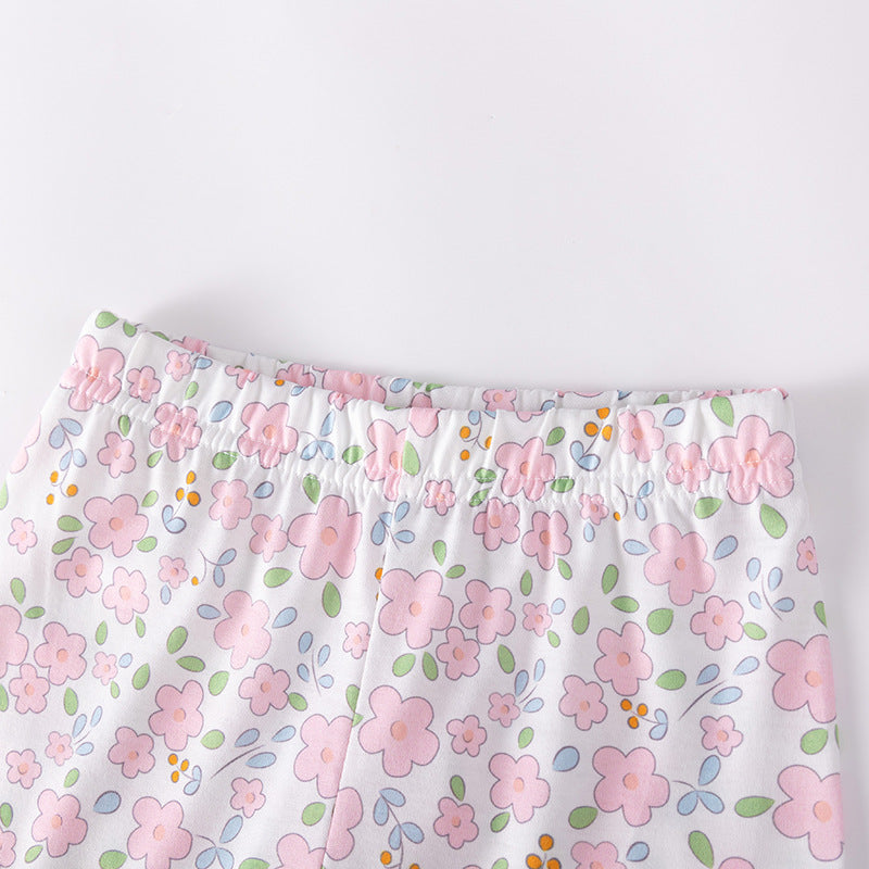 Summer Hot Selling Baby Kids Girls Short Sleeves Butterfly-Bows Pattern T-shirt and Floral Pants Clothing Set