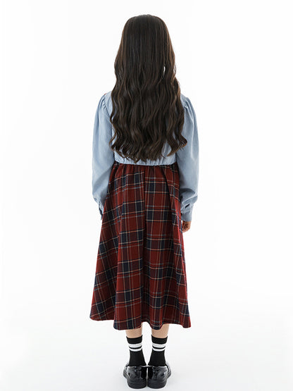 Autumn Arrival Long Sleeves Color Patchwork Preppy Plaid Pattern Dress for Stylish Girls