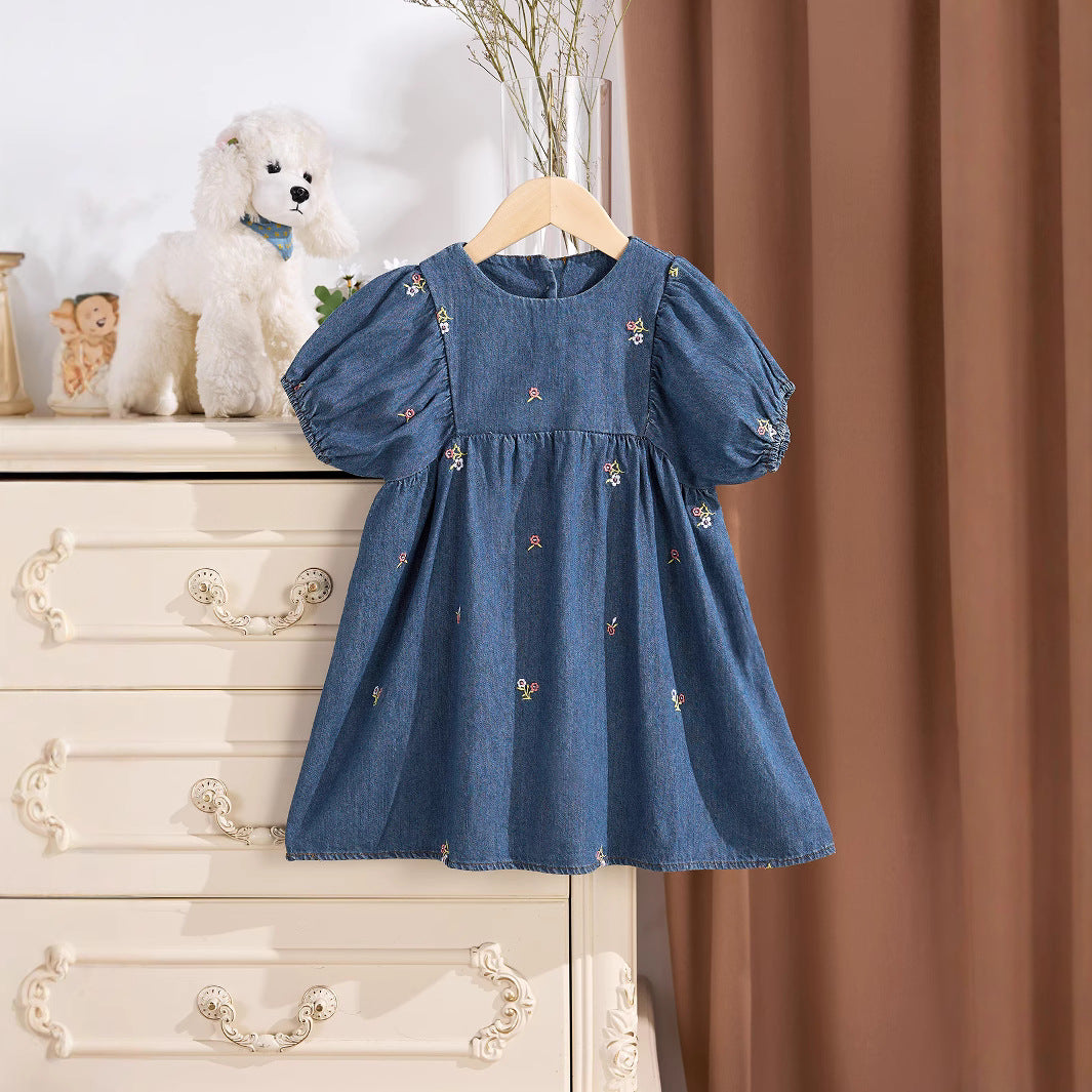 MyKids-USA Baby Kids Girls Denim Short Sleeves Flowers Pattern Embroidered Dress 130 (7-8Y) / Blue