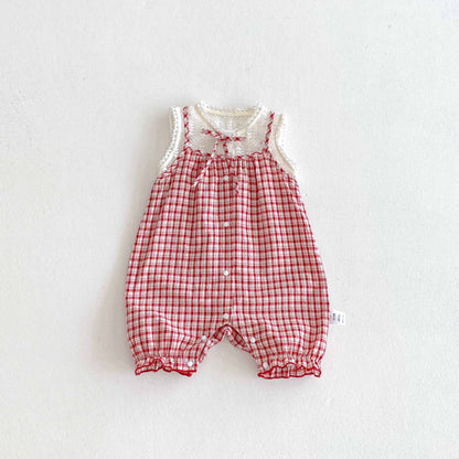 Summer Arrival Baby Girls Cute Lace Patchwork Sleeveless Plaid Rompers, MyKids-USA®, Baby One-Pieces, MyKids-USA -  -  -  -  -  -  - 