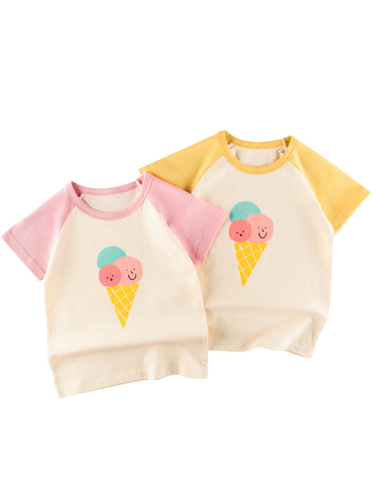 Ice-Cream Cartoon Print Girls’ T-Shirt In European And American Style For Summer