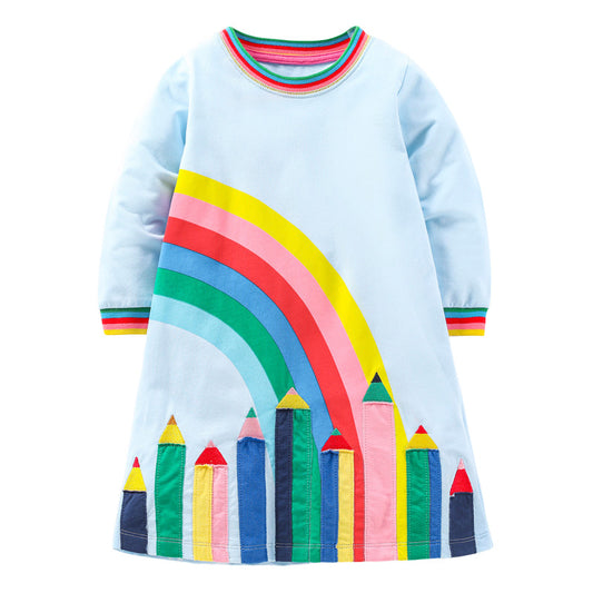 Design Autumn Girls Vivid Colorful Pencils And Rainbow Pattern Long Sleeves Dress, MyKids-USA®, Baby & Toddler Dresses, MyKids-USA - Size/Age - 90 (12-24M) - Color - Colorful -  -  - TR2407281419-A