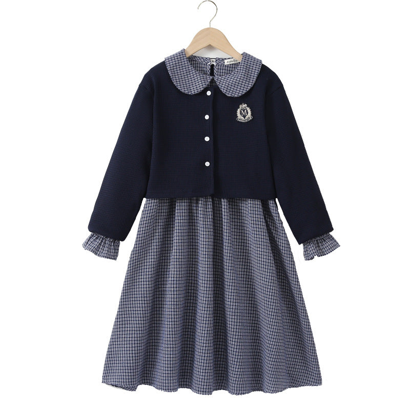 Arrival Autumn Kids Girls Long Sleeves Houndstooth Dress and Preppy Coat Clothing Set