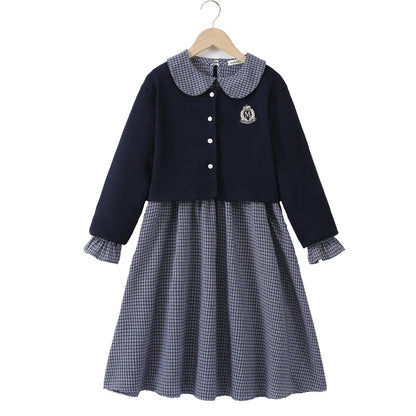 Arrival Autumn Kids Girls Long Sleeves Houndstooth Dress and Preppy Coat Clothing Set