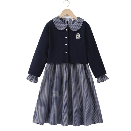 Arrival Autumn Kids Girls Long Sleeves Houndstooth Dress and Preppy Coat Clothing Set
