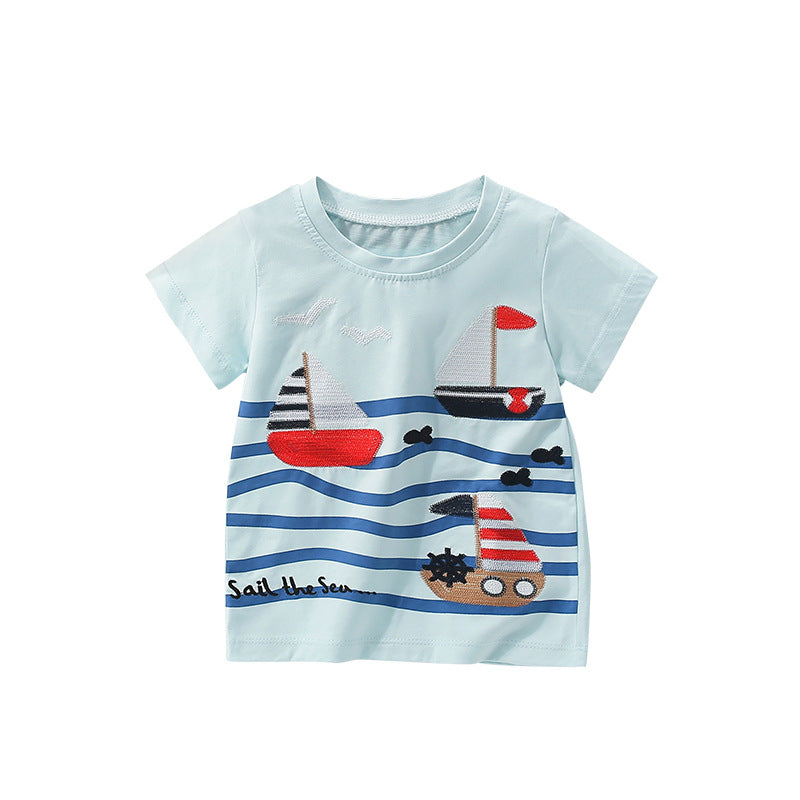 Summer Boys’ English Boats Sail the Sea Cartoon Pattern T-shirt in European and American Style, MyKids-USA®, T-Shirts, MyKids-USA - Size/Age - 110 (3-5Y) - Color - Blue -  -  - TR2506282208-A