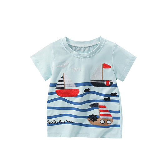 Summer Boys’ English Boats Sail the Sea Cartoon Pattern T-shirt in European and American Style, MyKids-USA®, T-Shirts, MyKids-USA - Size/Age - 110 (3-5Y) - Color - Blue -  -  - TR2506282208-A