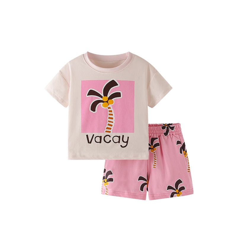 Summer Baby Kids Cartoon Coconut Palm Pattern T-shirt and Pink Shorts Clothing Set for Girls, MyKids-USA®, Baby & Toddler Outfits, MyKids-USA - Size/Age - 110 (3-5Y) - Color - Pink -  -  - TR2505241701-A