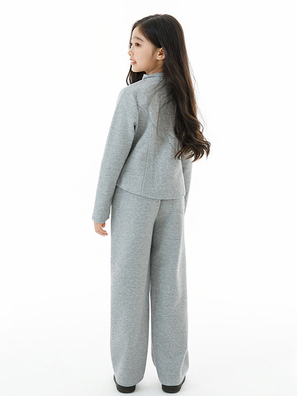 Arrival Autumn Kids Girls Long Sleeves Preppy Pattern Coat and Plain Pants Clothing Set