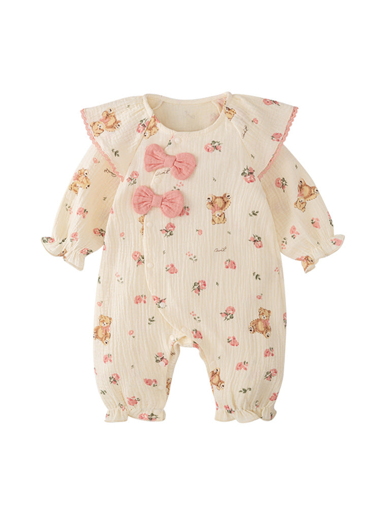 Autumn Arrival Baby Girls Flowers and Teddy Pattern Butterfly Bows Attached Romper, MyKids-USA®, Baby One-Pieces, MyKids-USA - Size/Age - 66 (3-6M) - Color - Apricot -  -  - TR2408062212-A
