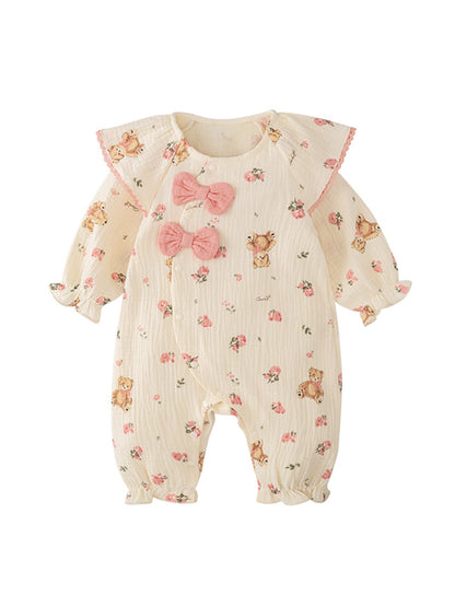 Autumn Arrival Baby Girls Flowers and Teddy Pattern Butterfly Bows Attached Romper, MyKids-USA®, Baby One-Pieces, MyKids-USA - Size/Age - 66 (3-6M) - Color - Apricot -  -  - TR2408062212-A