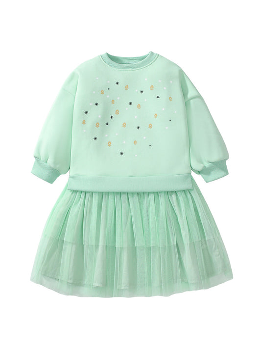 Design Autumn Girls Geometric Print Crew Neck Long Sleeves Green Tulle Patchwork Princess Dress, MyKids-USA®, Baby & Toddler Dresses, MyKids-USA - Size/Age - 90 (12-24M) - Color - Green -  -  - TR2407131011-A