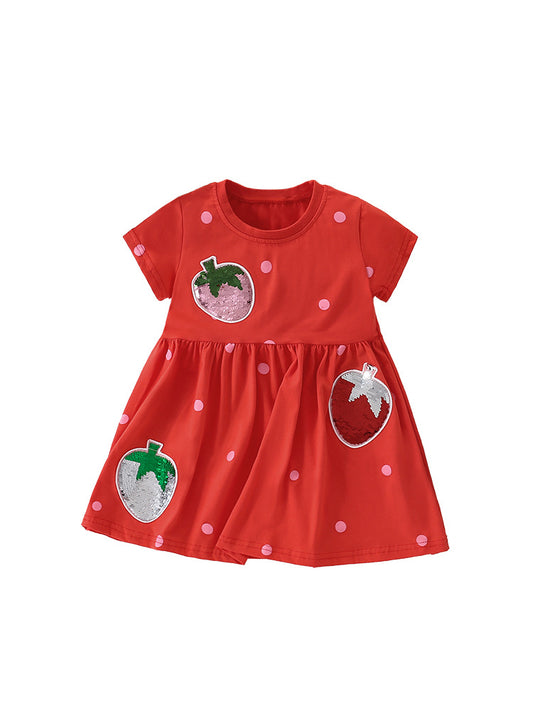 Summer New Design Baby Kids Girls Short Sleeves Sequin Strawberry Pattern Dress