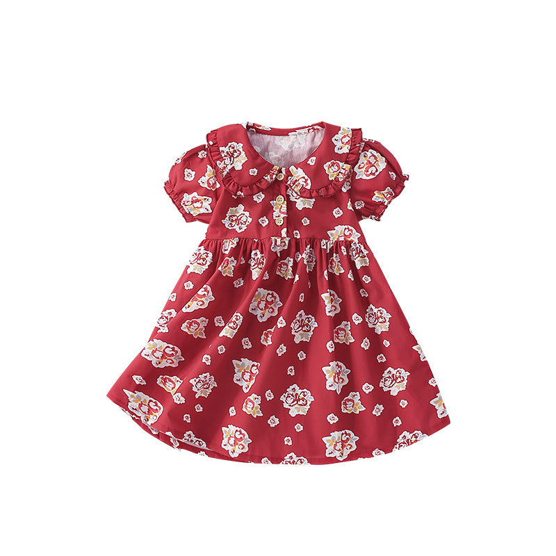 Summer Arrival Flowers Pattern Short Sleeves Peter Pan Collar Dress for Stylish Girls, MyKids-USA®, Baby & Toddler Dresses, MyKids-USA - Size/Age - 100 (2-3Y) - Color - Red -  -  - TR2505082102-A