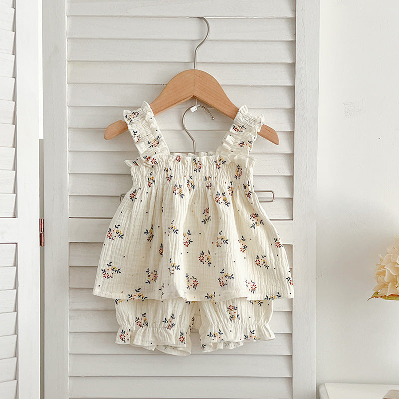 Summer Hot Selling Baby Girls Sleeveless Floral Pattern Strap Top Dress And Shorts Clothing Set