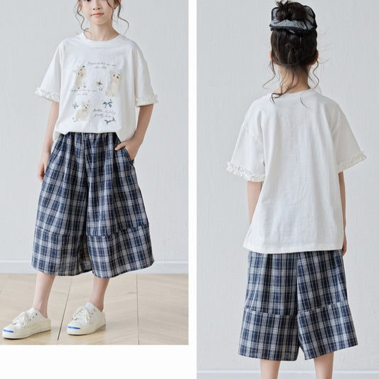 Arrival Summer Baby Kids Girls Short Sleeves Cartoon Pattern T-Shirt and Plaid Pants Sets